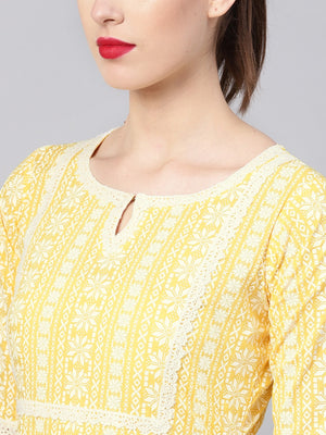 Libas Yellow & White Block Print Straight Kurta - Distacart