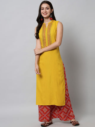 Kalini Women Yellow Bandhani Embroidered Kurta with Palazzos - Distacart