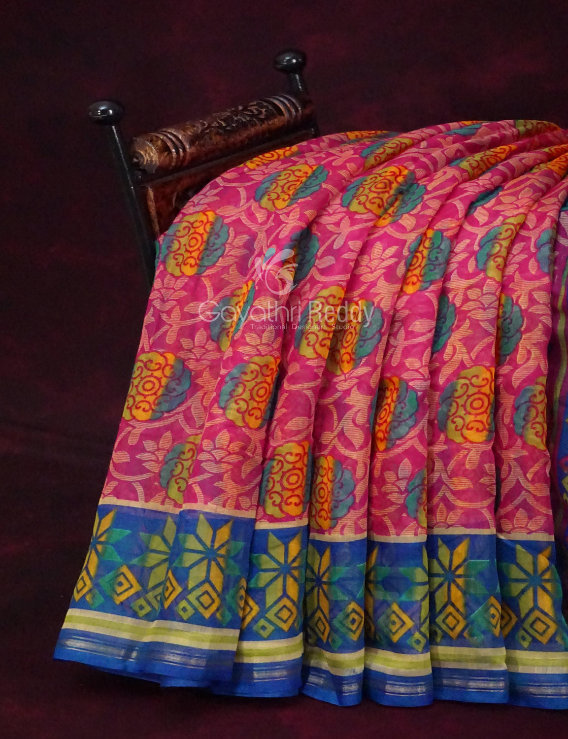 Shades of Rani Pink With Ink Blue Blouse Creeper Design Semi Chanderi Saree By Gayathri Reddy Designer Studio - Distacart