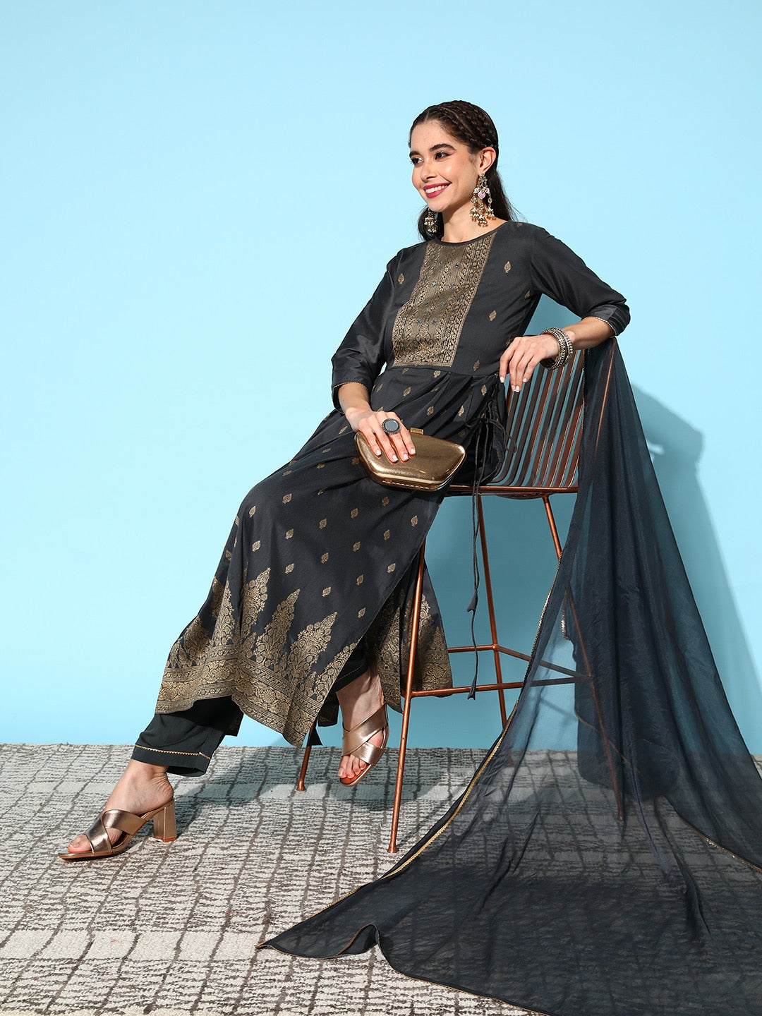 Sangria Ethnic Motifs Yoke Design Pleated Chanderi Silk Kurta with Trousers & With Dupatta - Distacart