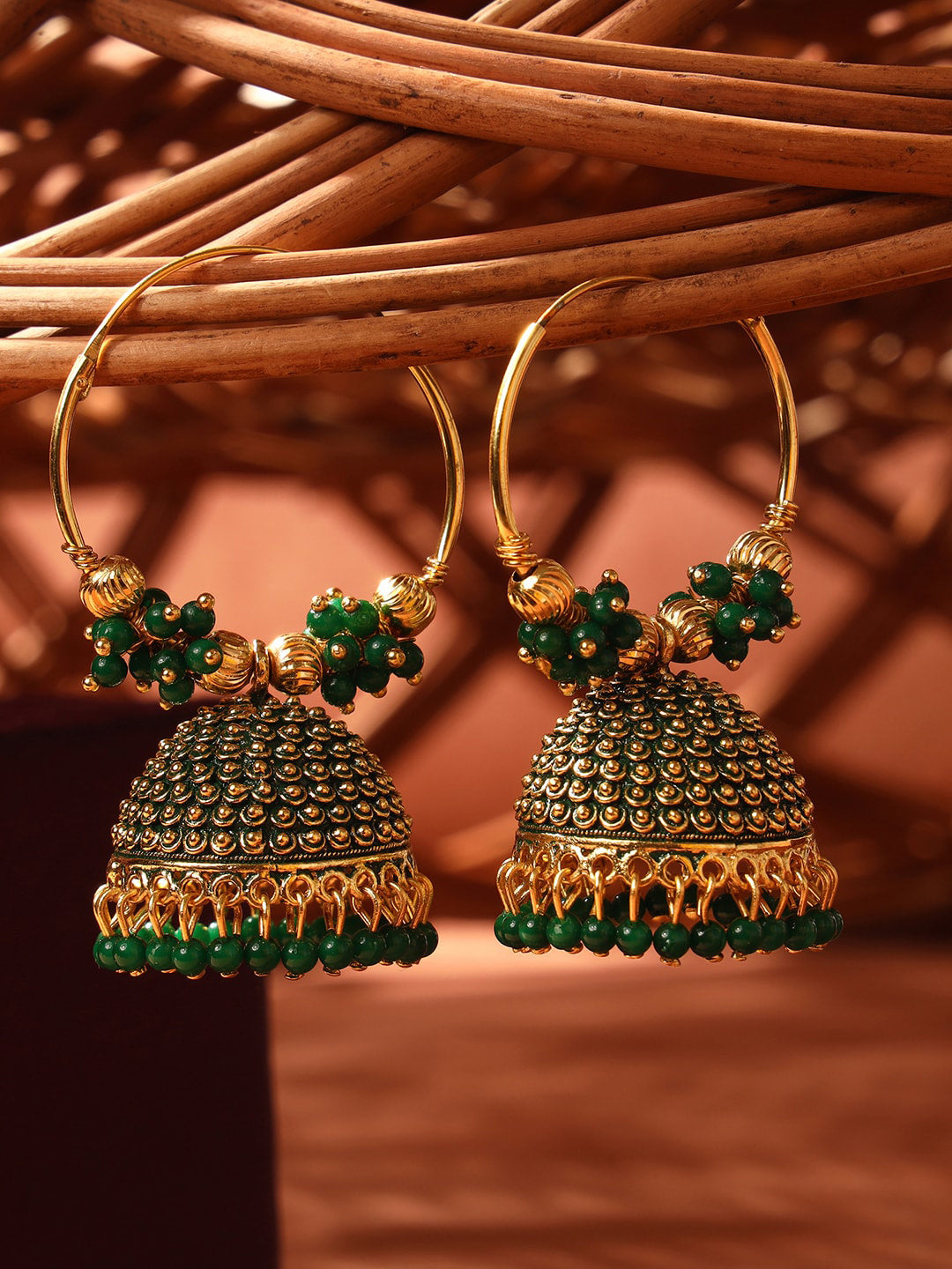 Anikas Creation Green & Gold-Toned Contemporary Jhumkas Earrings - Distacart