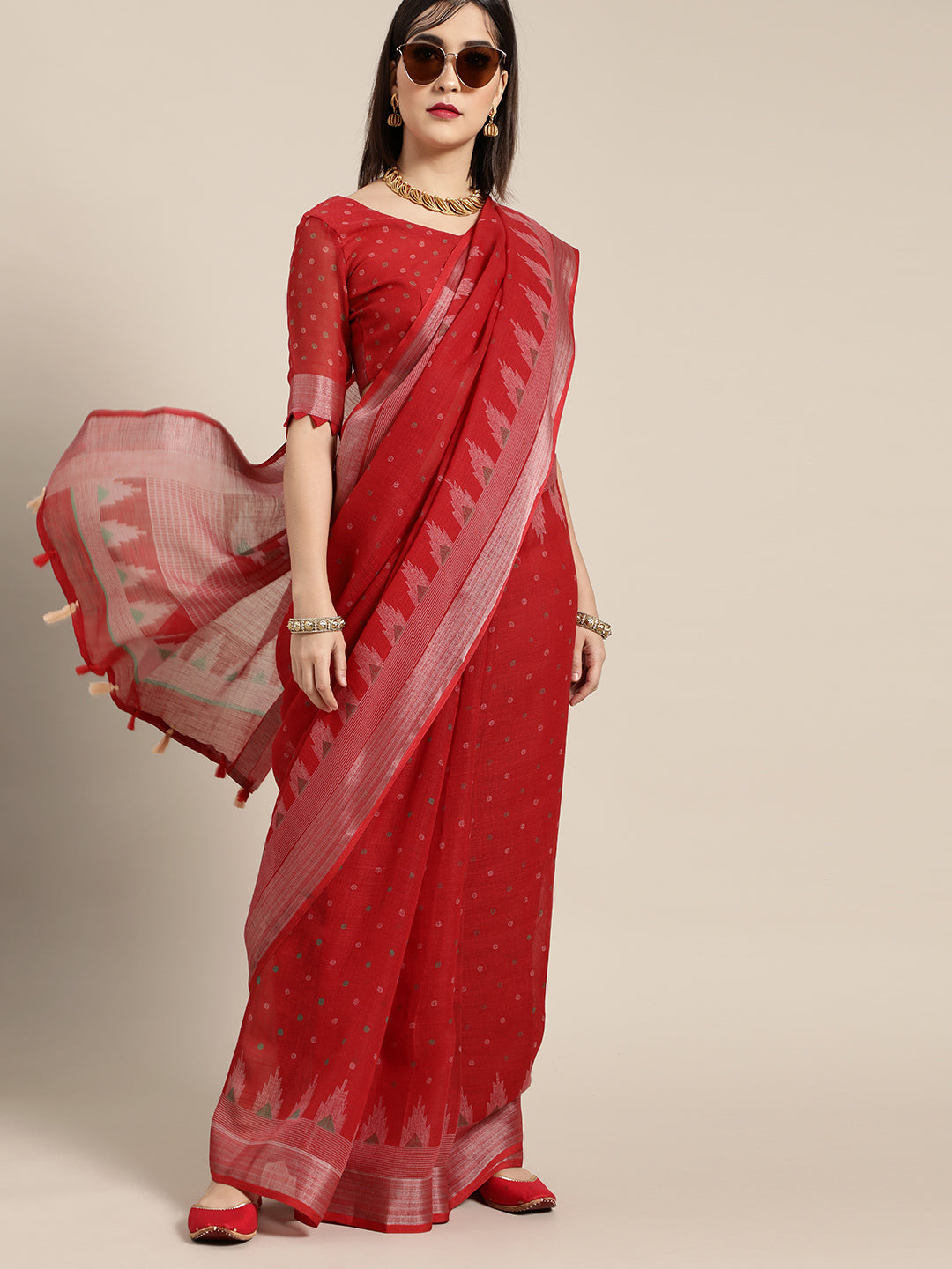 Saree Mall Saree Mall Blazing Red Linen Blend Saree - Distacart
