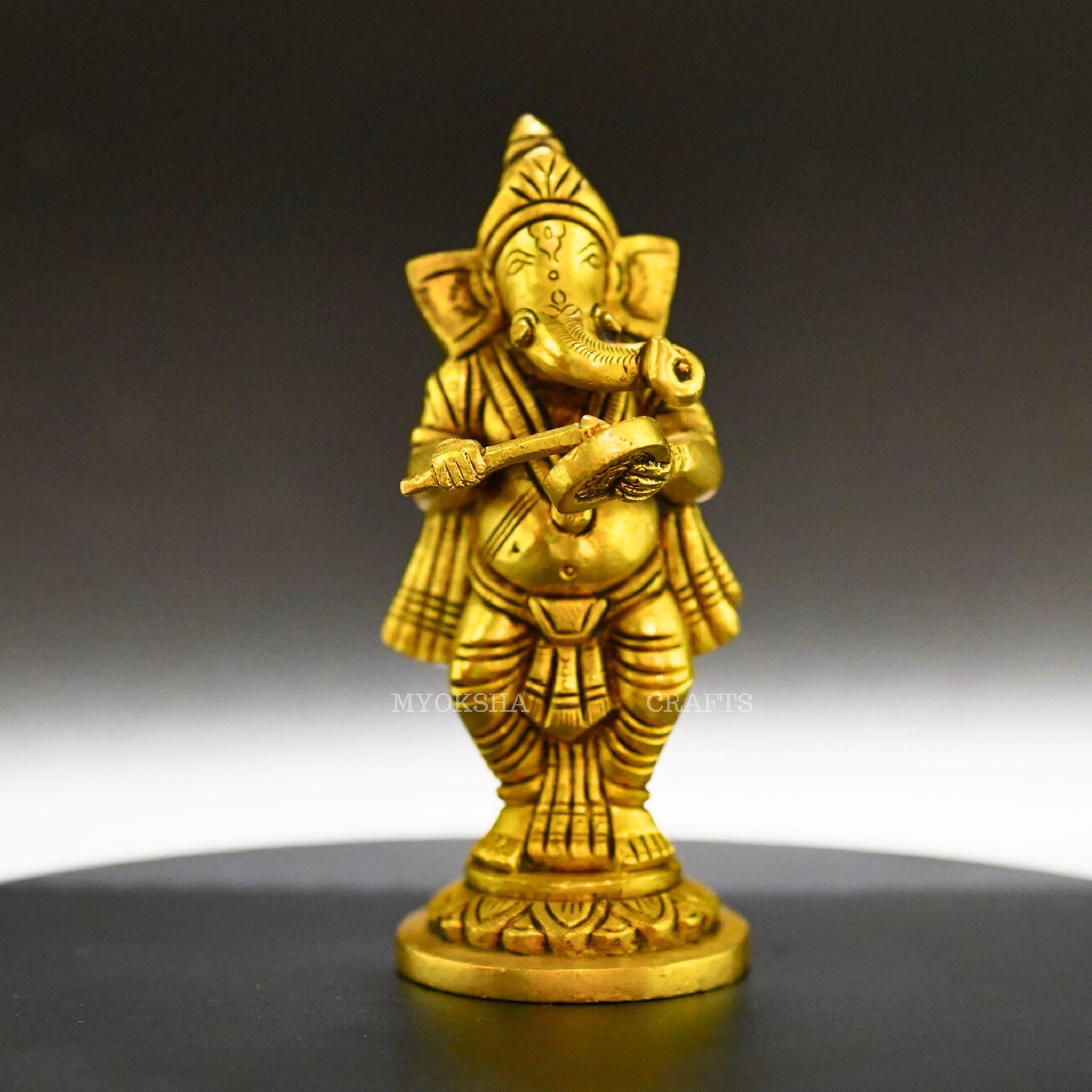Ganesha Playing Gong Bell Brass Idol - Embrace Prosperity and Joy in Your Home - 1