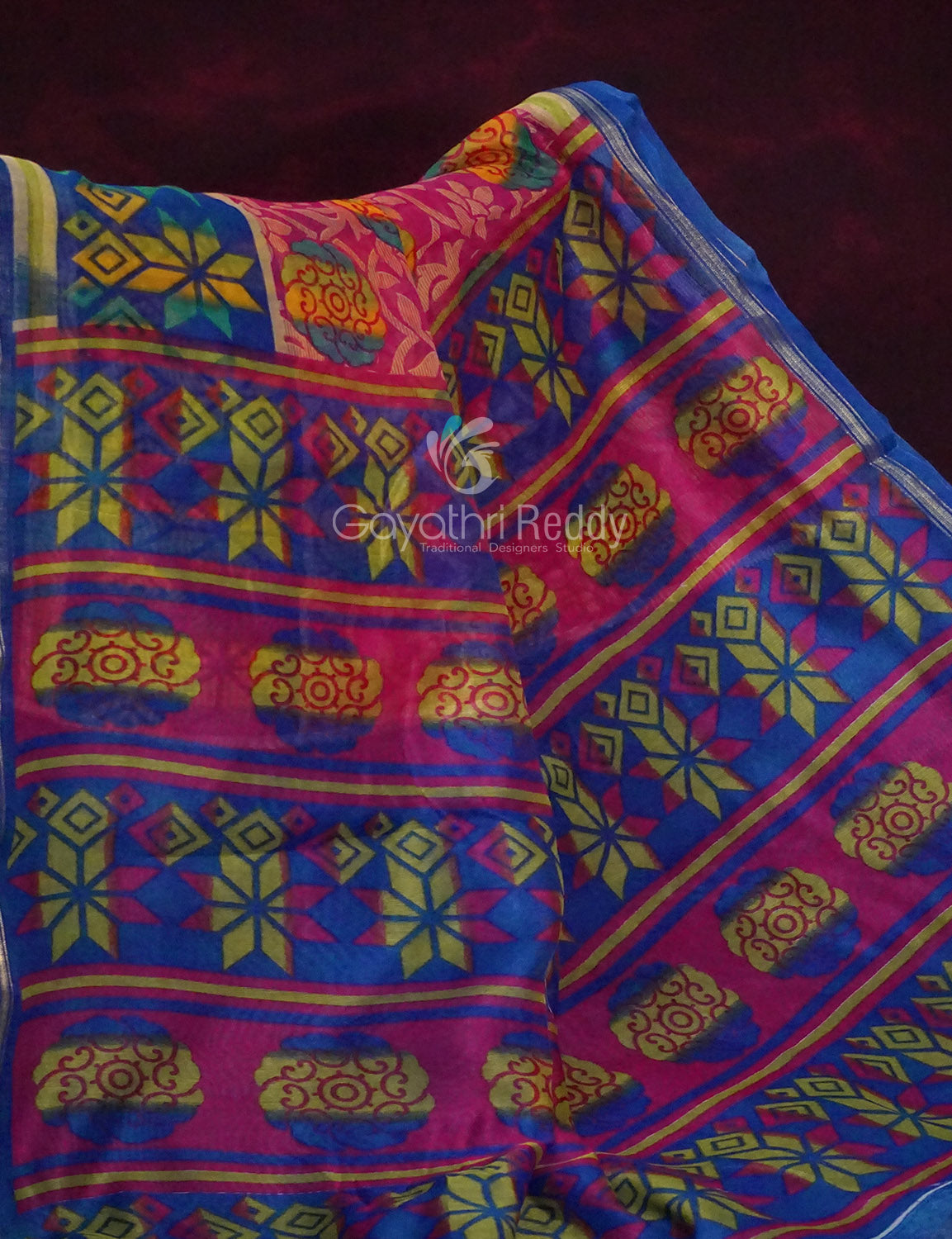 Shades of Rani Pink With Ink Blue Blouse Creeper Design Semi Chanderi Saree By Gayathri Reddy Designer Studio - Distacart