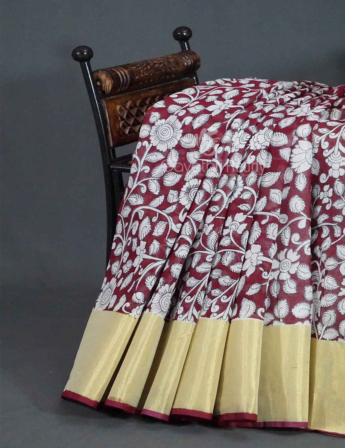 Gleaming Dark Maroon Kalamkari Cotton Linen Printed Saree By Gayathri Reddy Designer Studio - Distacart