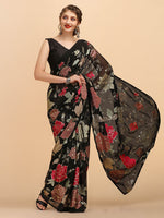 Thumbnail for Sangria Black & Red Floral Sequinned Pure Georgette Saree - Distacart