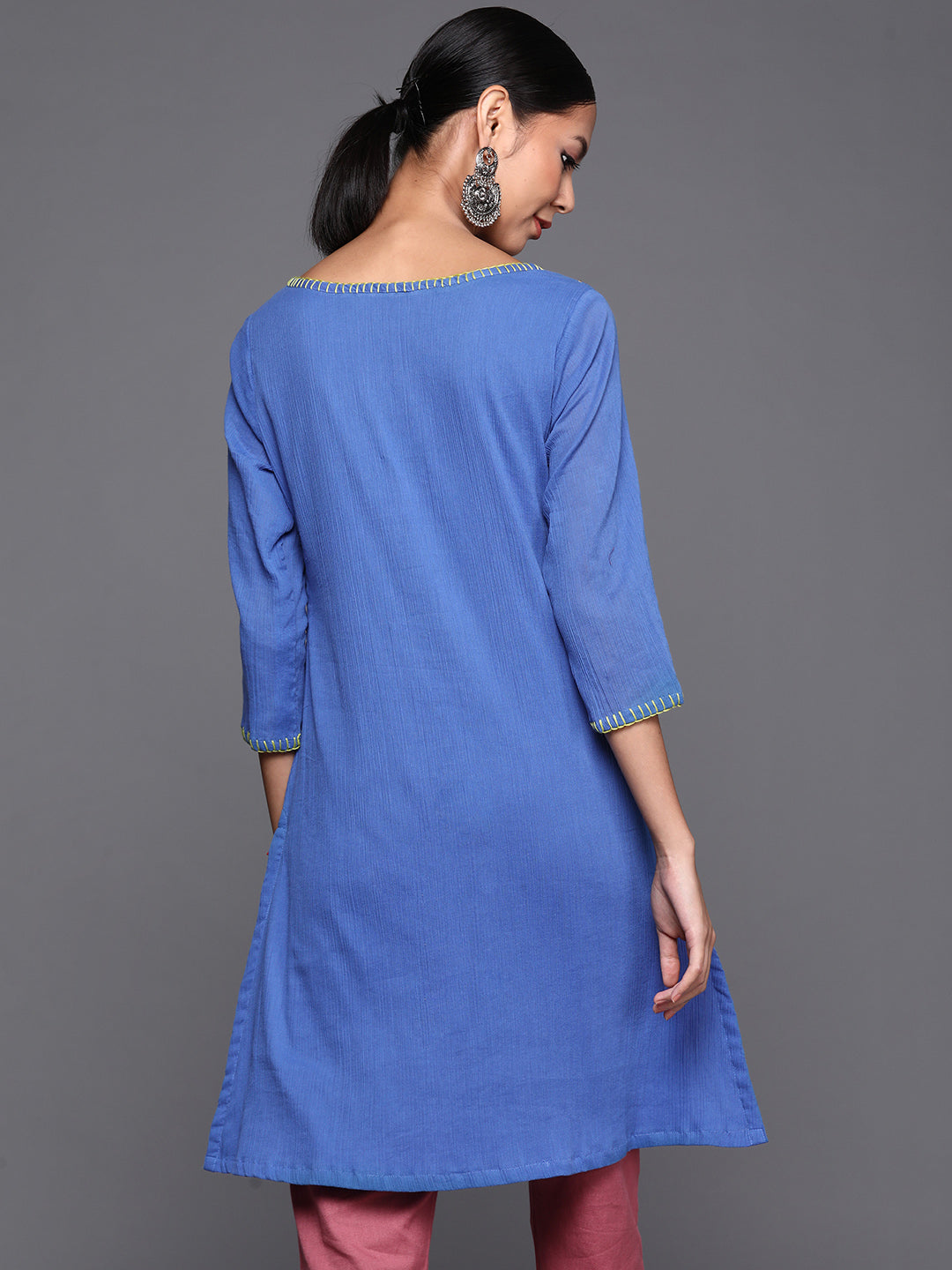 Biba Women Blue Pure Cotton Floral Embroidered Mirror Work Kurta - Distacart
