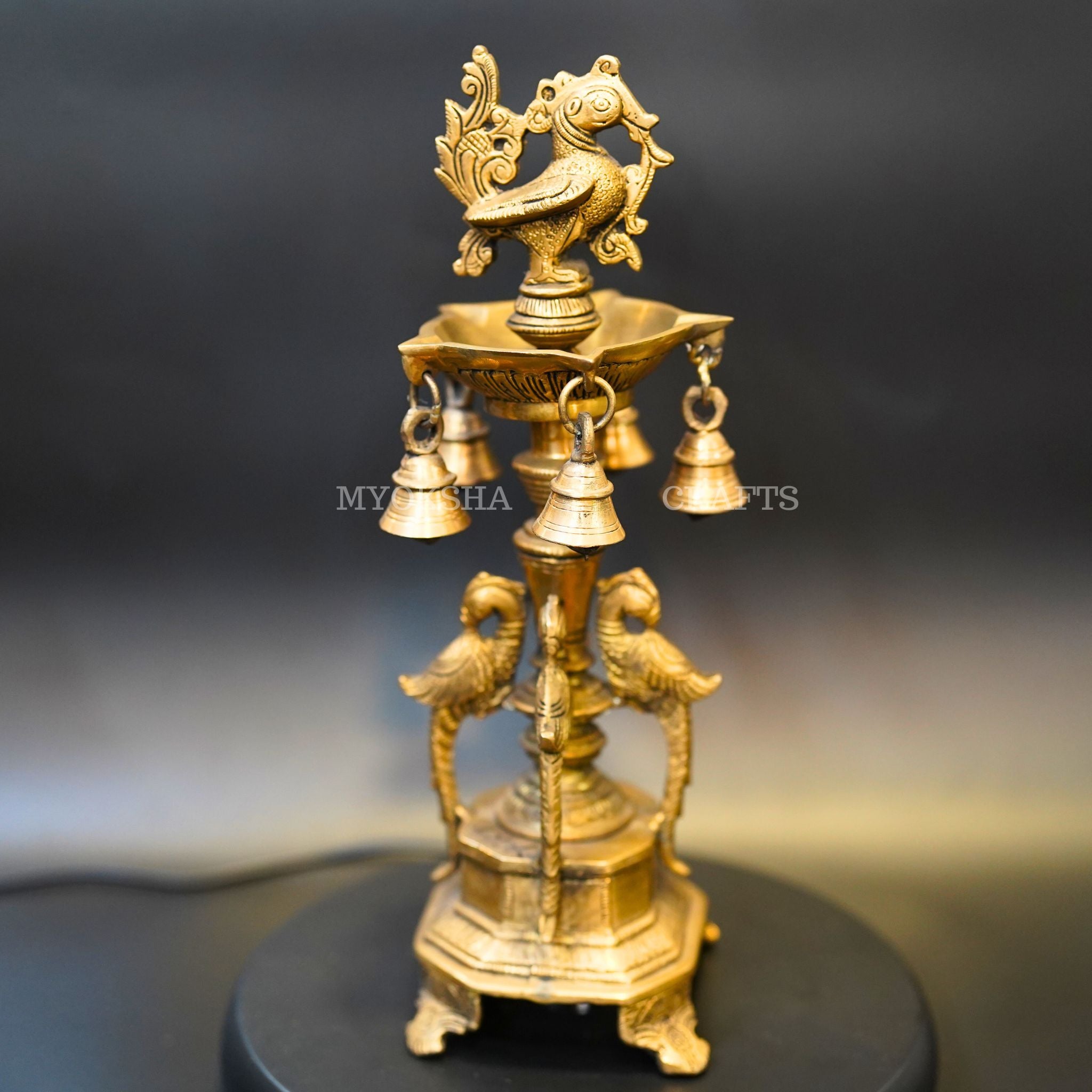 Brass Peacock Diya with Five Oil Wicks and Bells - 1