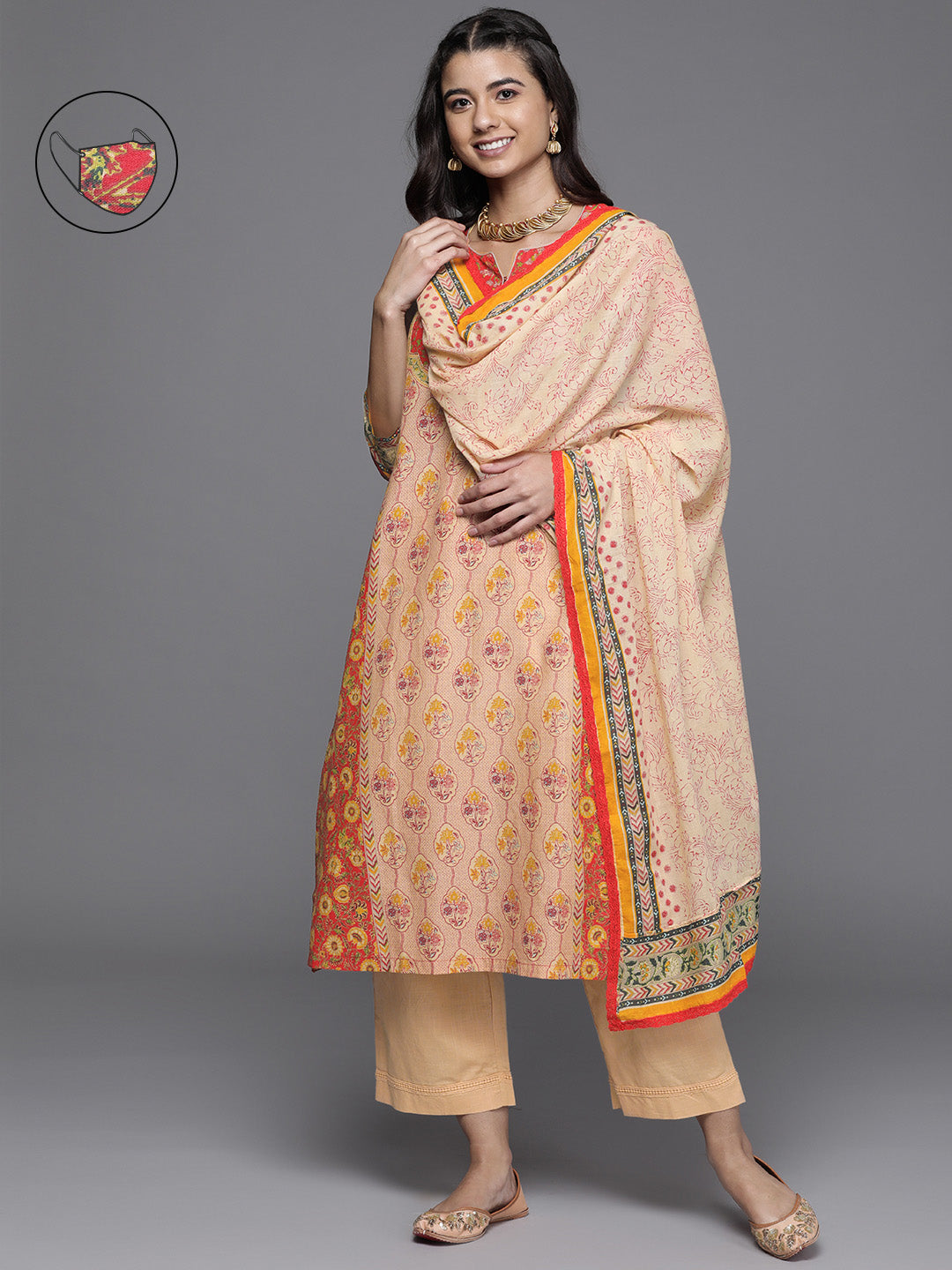 Biba Women Red Floral Printed Regular Pure Cotton Kurta with Palazzos & With Dupatta - Distacart
