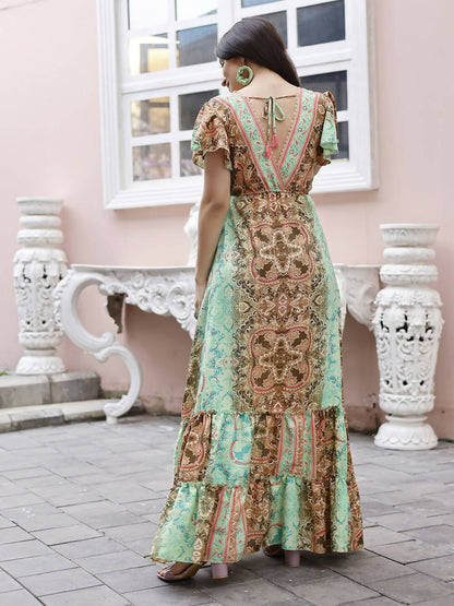 Sea Green Rayon Foil Printed Long Dress - Michan - Distacart