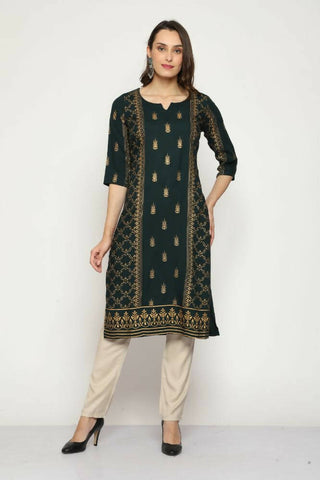 Maai Rayon Hand Printed Kurta Green - Distacart