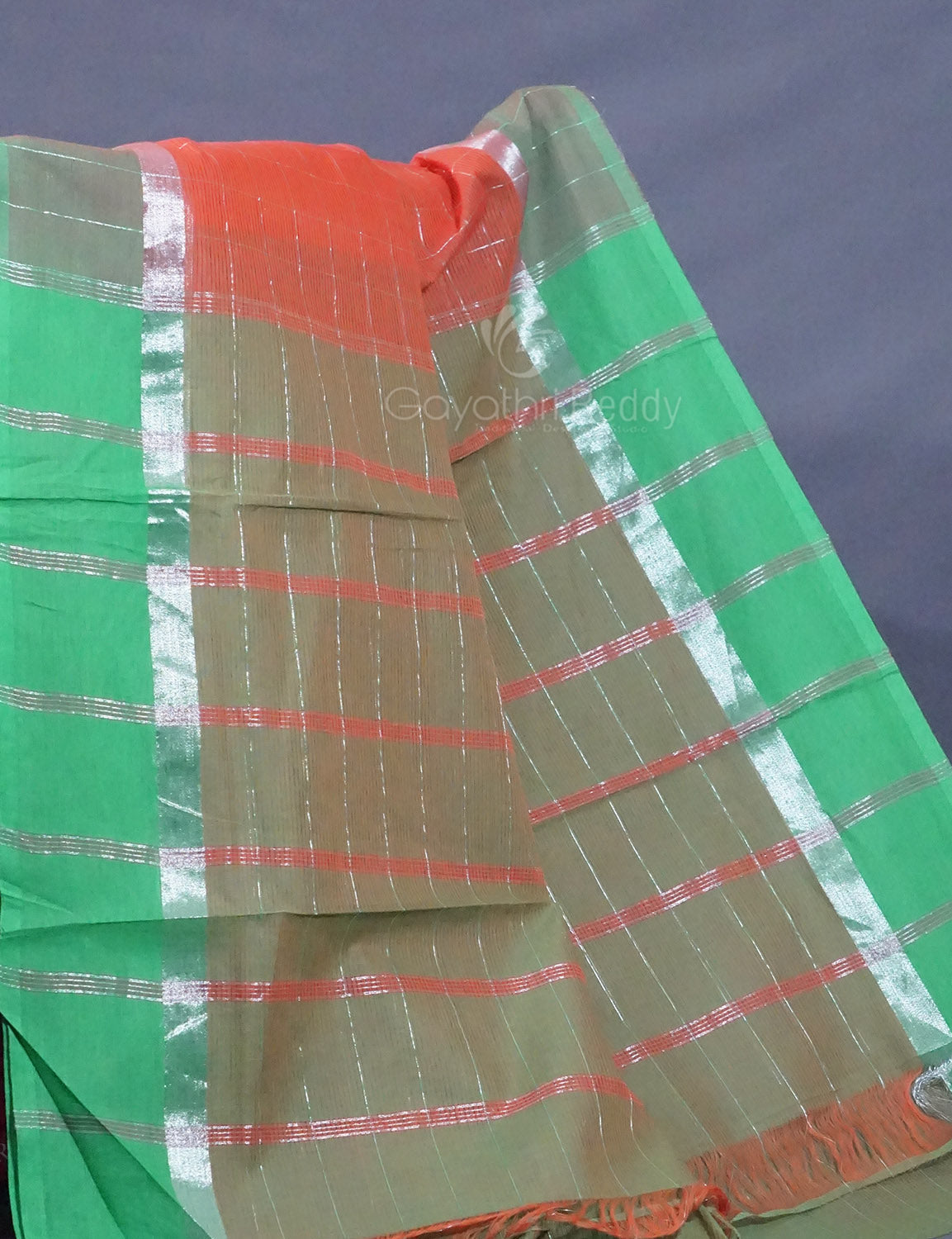 Dual Shade of Tomato Peach And Aqua Green Pure Mangalgiri Cotton By Gayathri Reddy Designer Studio - Distacart