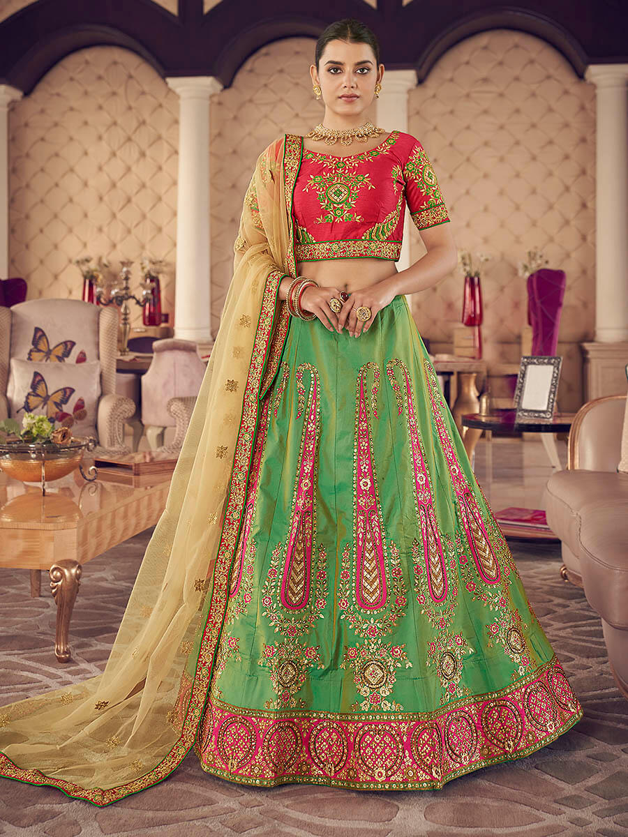 Myra Green Art Silk Jaquard Embroidered Lehenga - Distacart