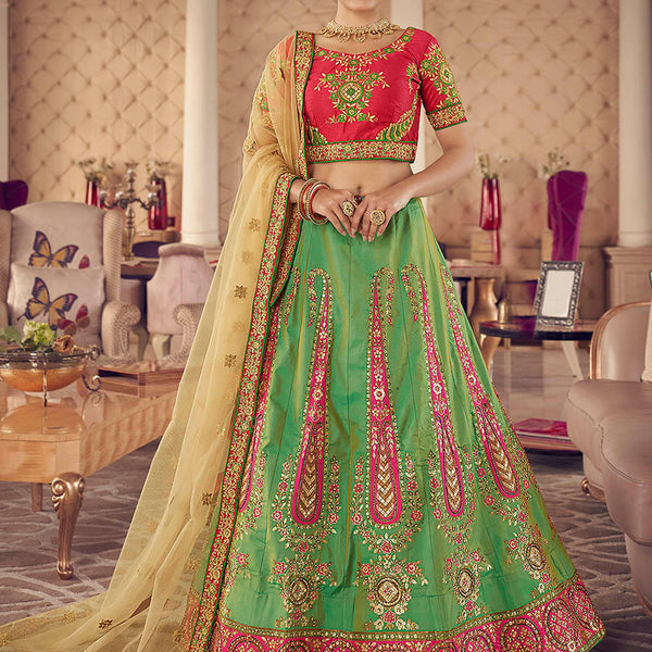 Myra Green Art Silk Jaquard Embroidered Lehenga - Distacart