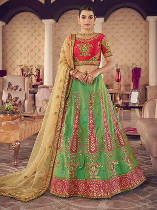 Myra Green Art Silk Jaquard Embroidered Lehenga - Distacart