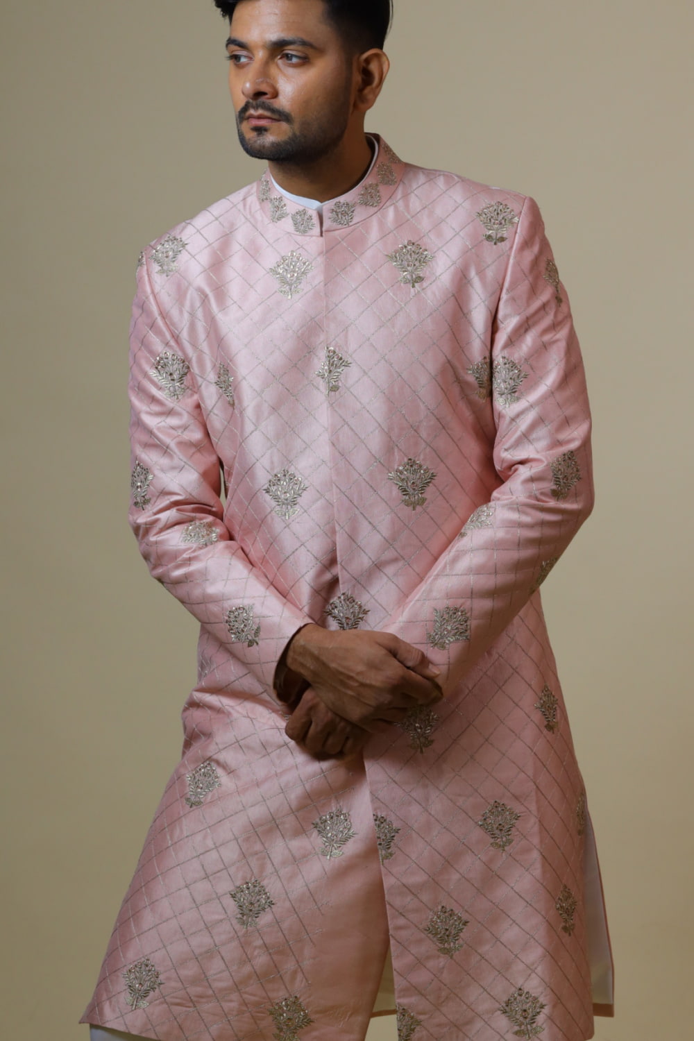 Light Coral Embroidered Designer Men's Sherwani by Hilo Designs - Distacart