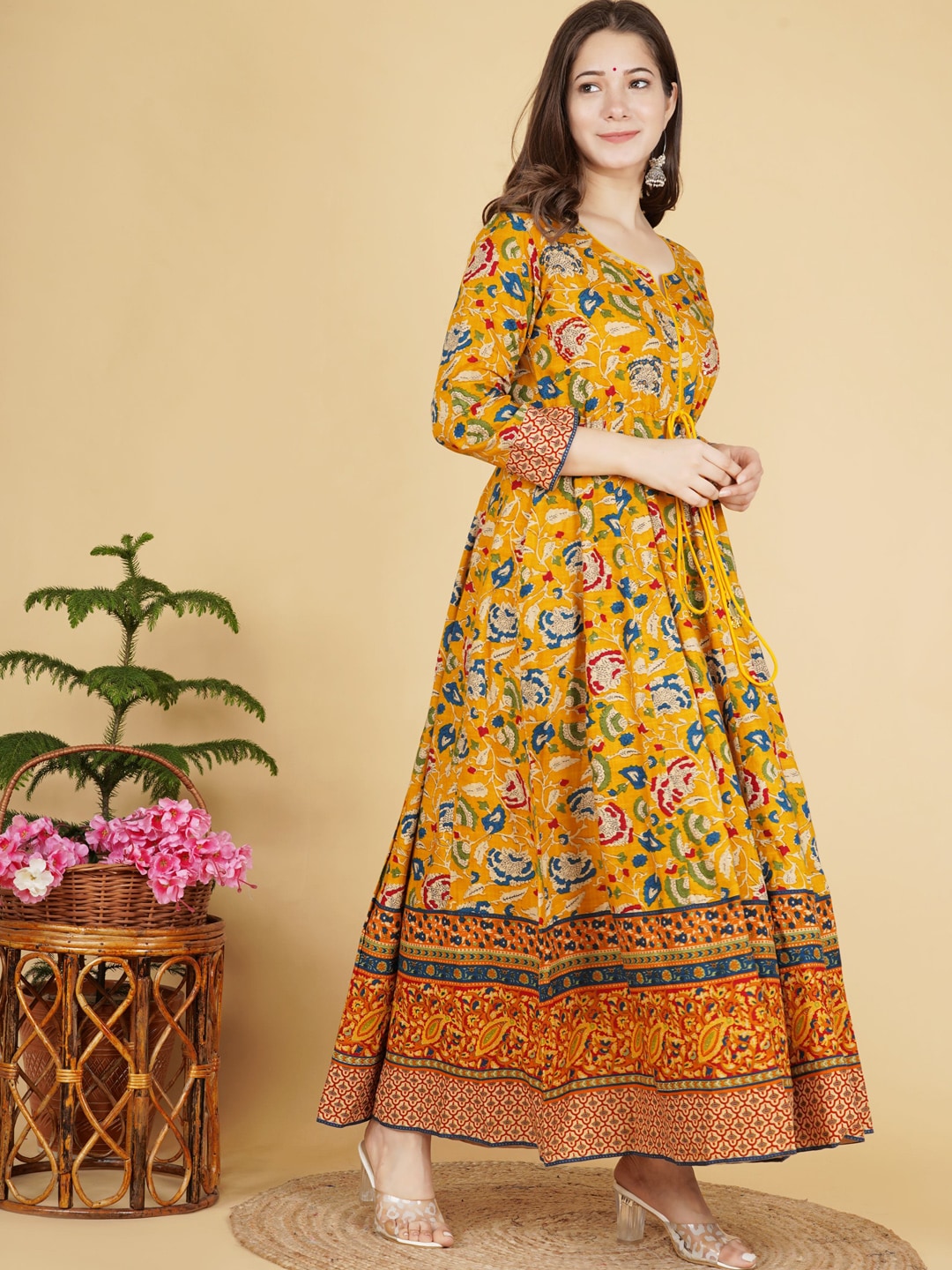 Kalini Women Mustard Yellow Floral Printed Anarkali Fusion Kurta - Distacart