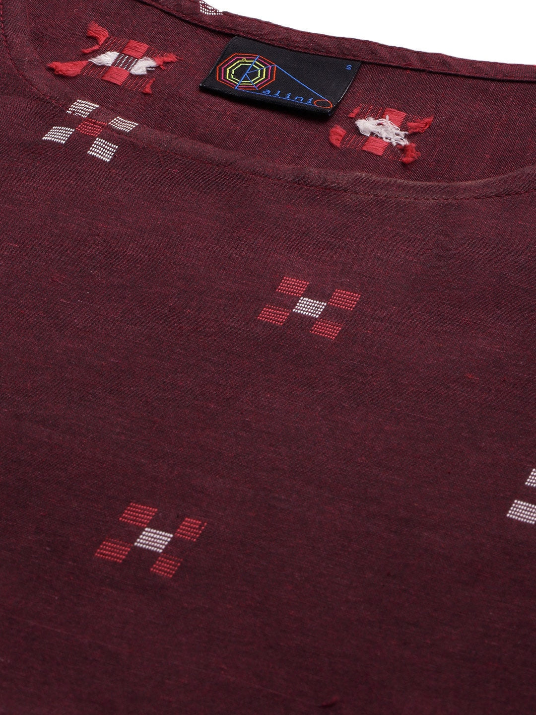 Kalini Women Maroon Pure Cotton Geometric Woven Design Kurta with Trousers - Distacart