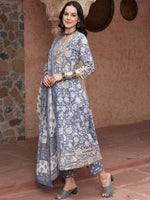 Thumbnail for Sangria Blue Printed Thread Work Pure Cotton Empire A-Line Kurta with Trousers & Dupatta - Distacart