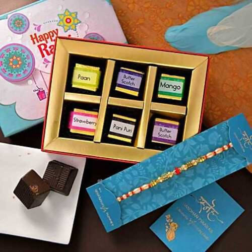 Beads Stones Rakhi & Handmade Assorted Chocolates Combo