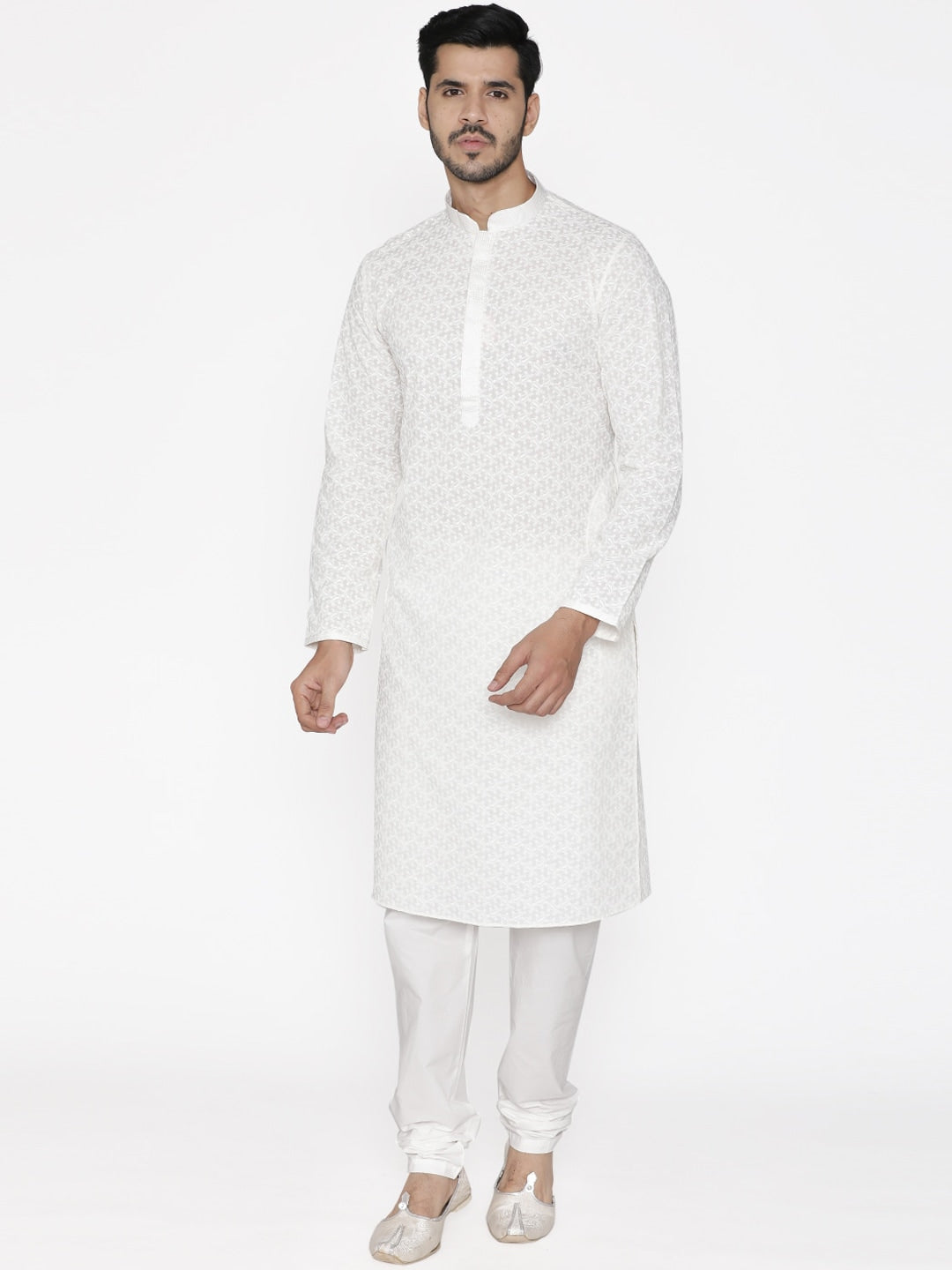 Manyavar Men White Embroidered Kurta with Churidar - Distacart
