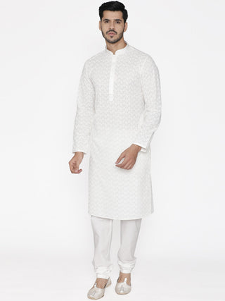 Manyavar Men White Embroidered Kurta with Churidar - Distacart
