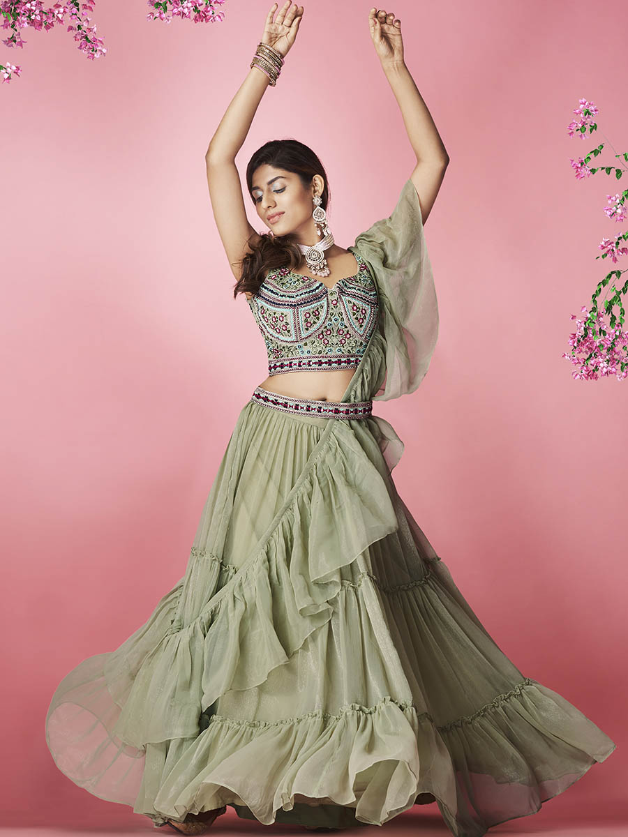Myra Olive Green Art Silk Designer Lehenga - Distacart
