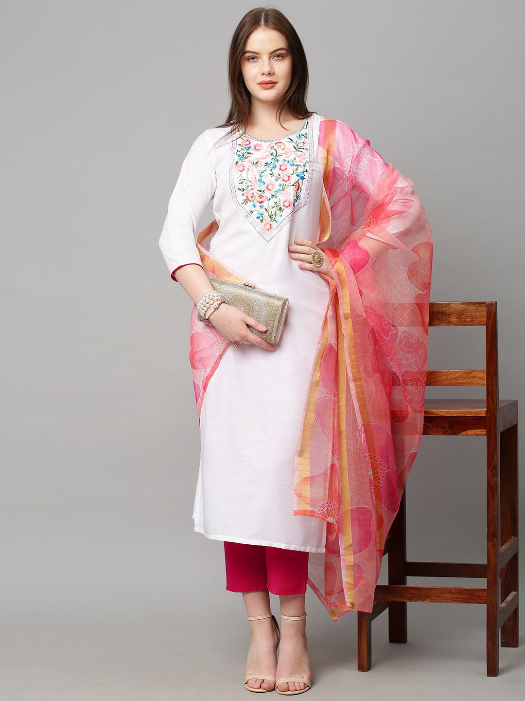 Kalini Women White Floral Yoke Design Kurta with Trousers & Dupatta - Distacart