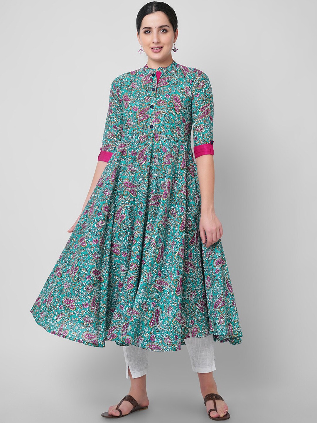 Kalini Women Blue Floral Printed Thread Work Handloom Anarkali Kurta - Distacart