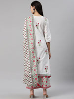 Thumbnail for Biba Women White & Pink Printed Kurta with Palazzos & Dupatta - Distacart