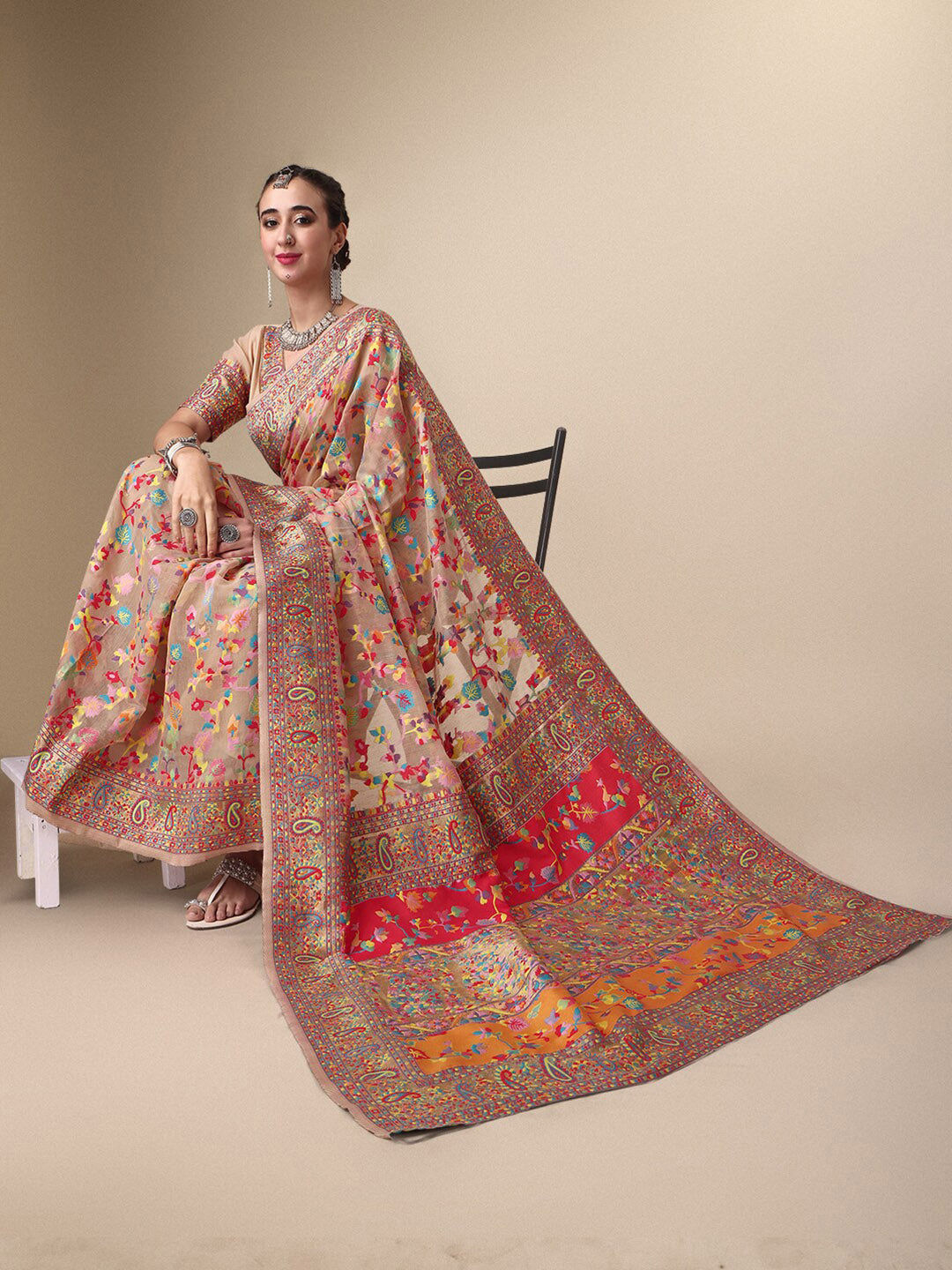 Sangria Beige & Orange Floral Woven Design Pure Silk Saree - Distacart
