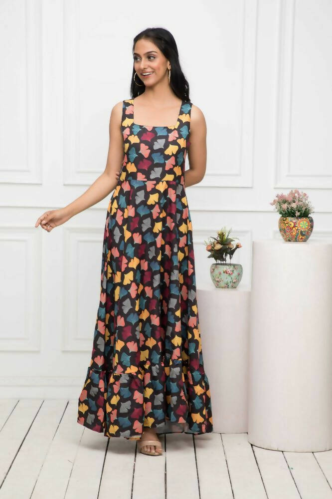 Myshka Women Black Floral Rayon A-Line Round Neck Dress - Distacart