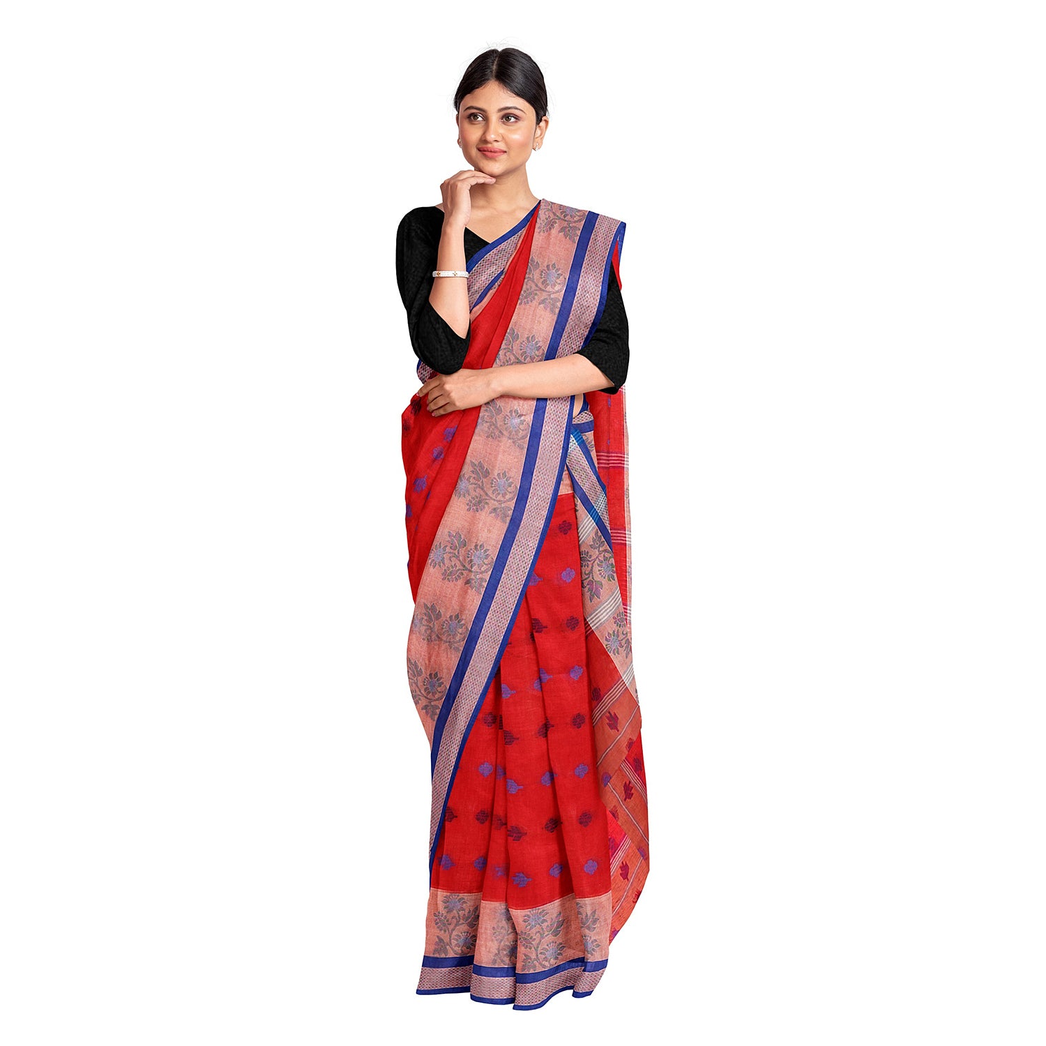 Exclusive Collection 100% Pure Cotton Red Tant Saree With Hand Weaving Work - Distacart