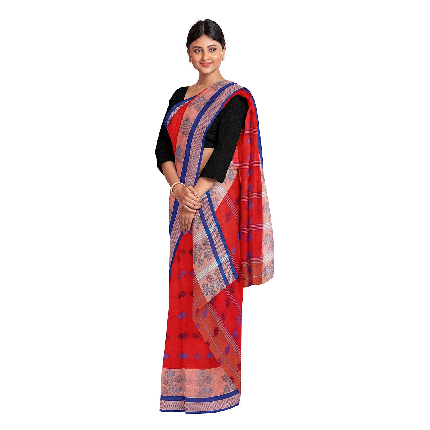 Exclusive Collection 100% Pure Cotton Red Tant Saree With Hand Weaving Work - Distacart