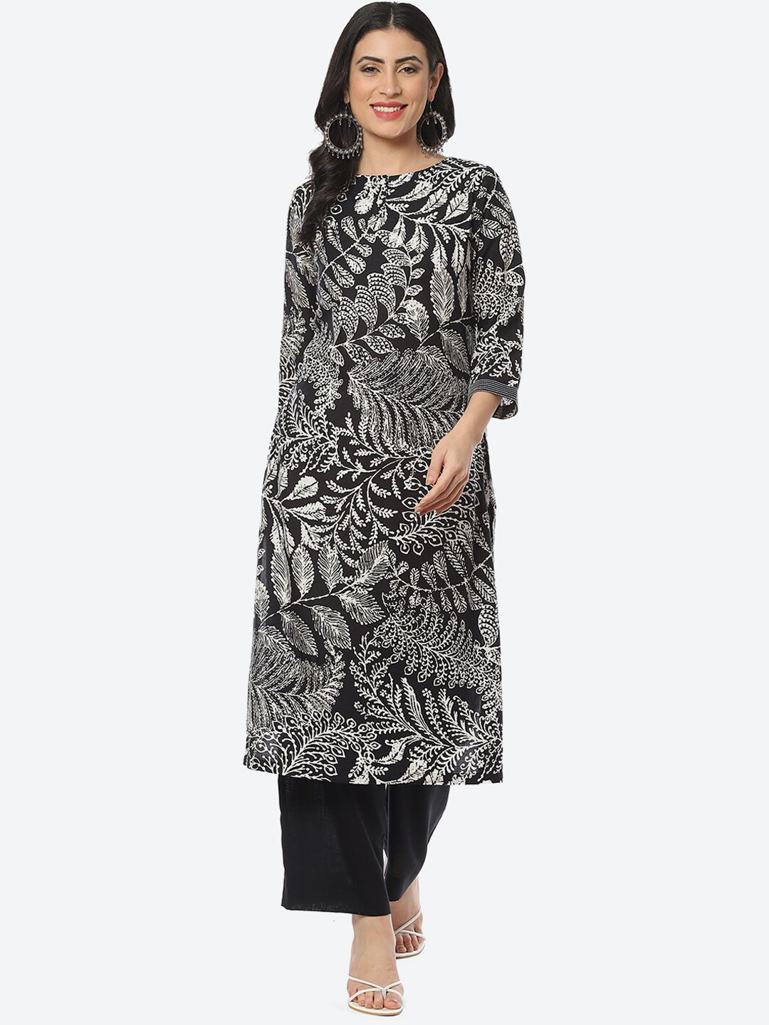 Biba Ethnic Motif Printed Boat Neck Straight Kurta with Palazzos - Distacart