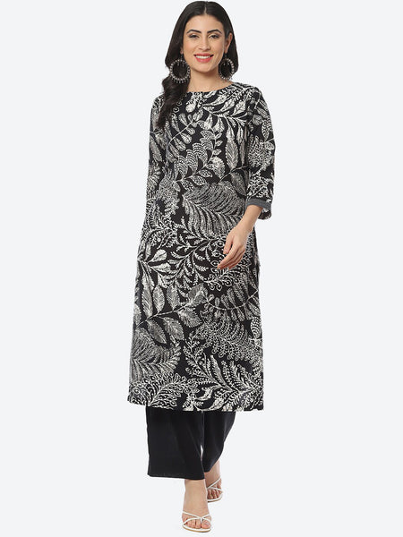 Biba Ethnic Motif Printed Boat Neck Straight Kurta with Palazzos - Distacart