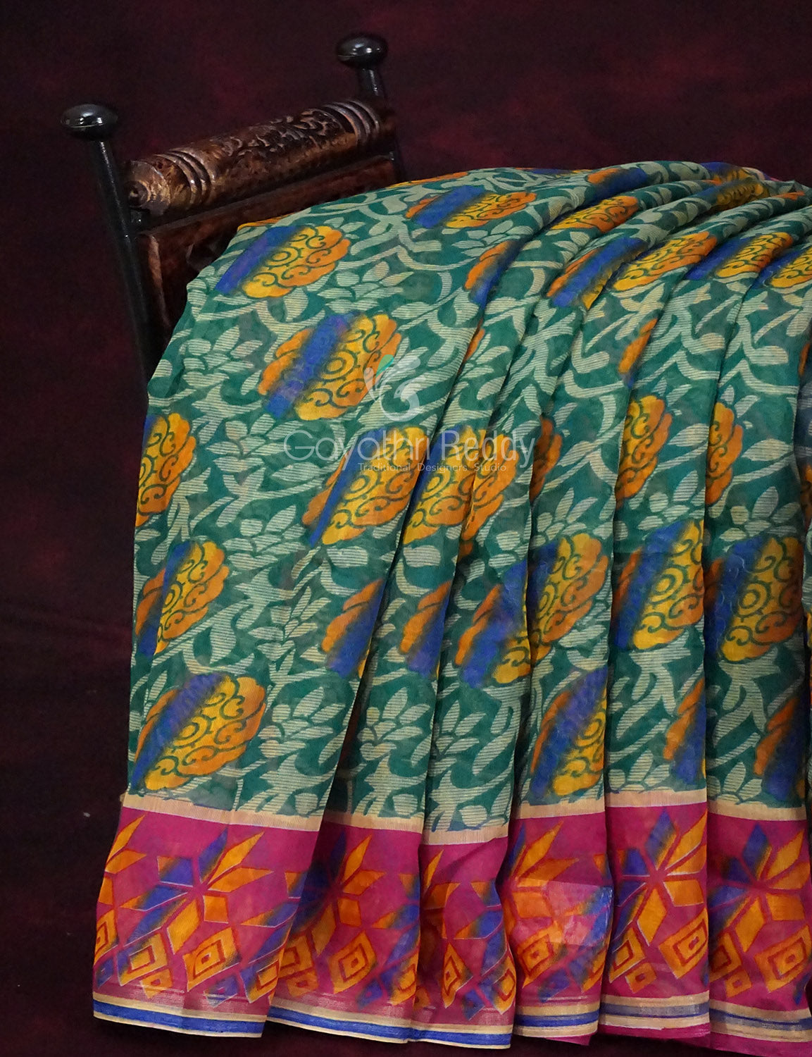 Rama Green Printed Semi Chanderi Saree By Gayathri Reddy Designer Studio - Distacart
