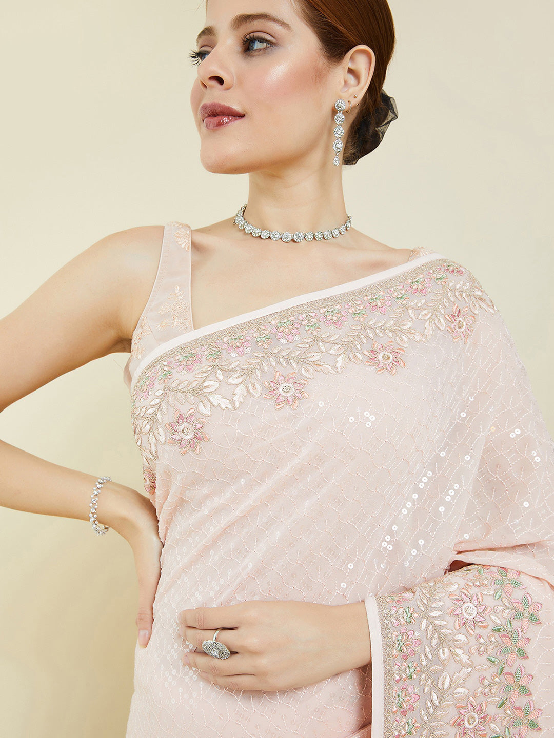 Soch Peach-Coloured & Green Floral Sequinned Pure Georgette Saree - Distacart