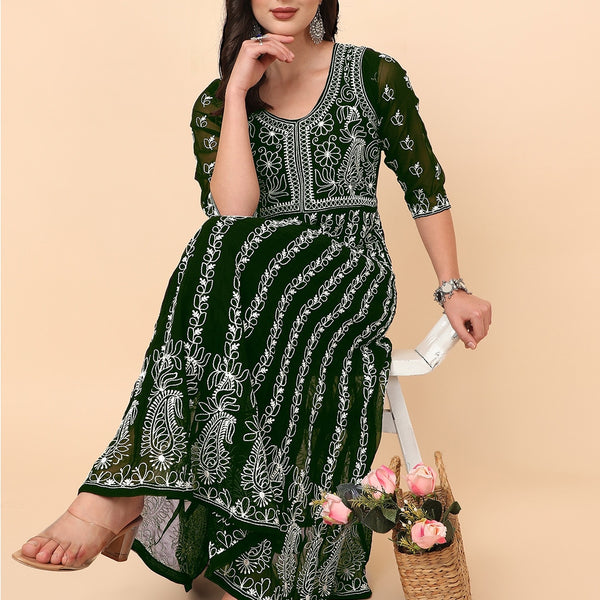 HERE&NOW Chikankari Embroidered Thread Work Georgette Anarkali Kurta - Distacart