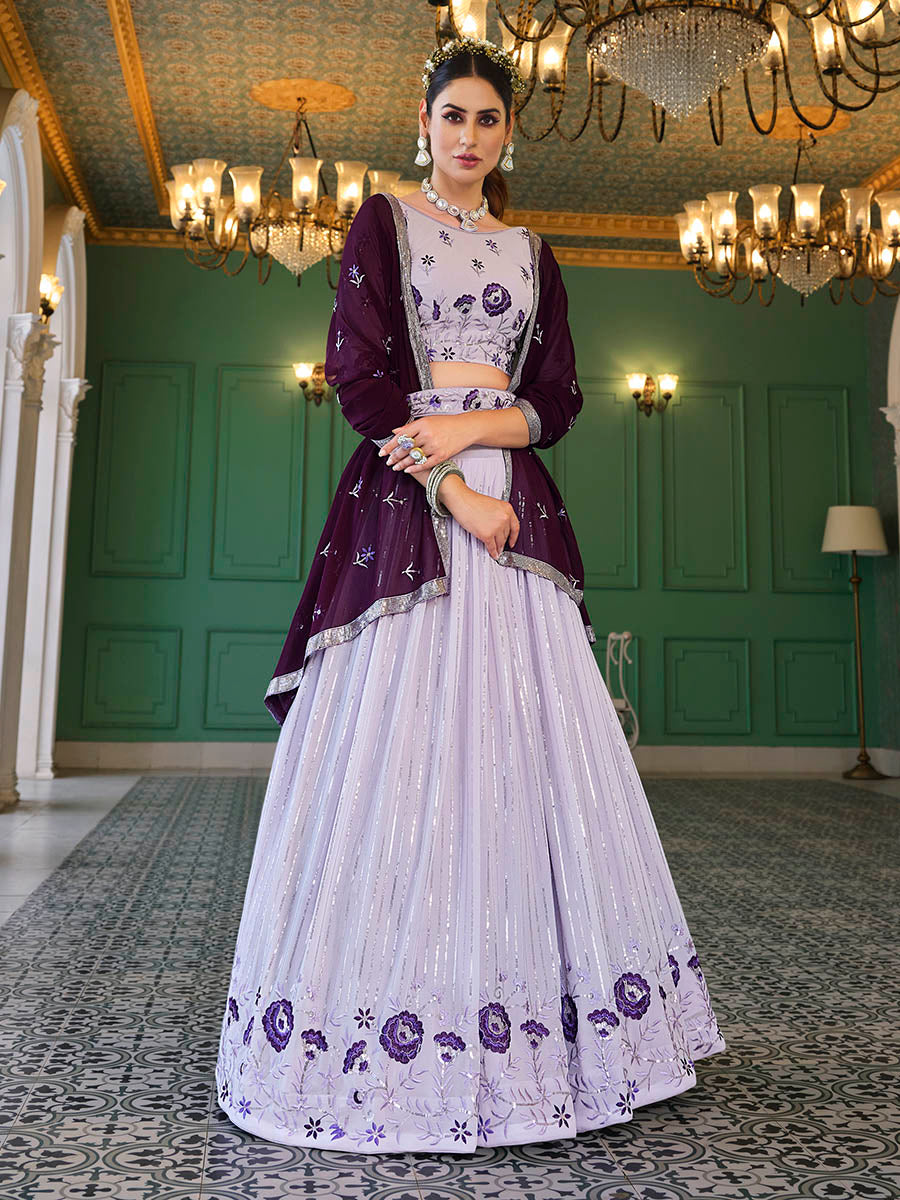 Myra Lavender Georgette Embroidered Designer Lehenga - Distacart