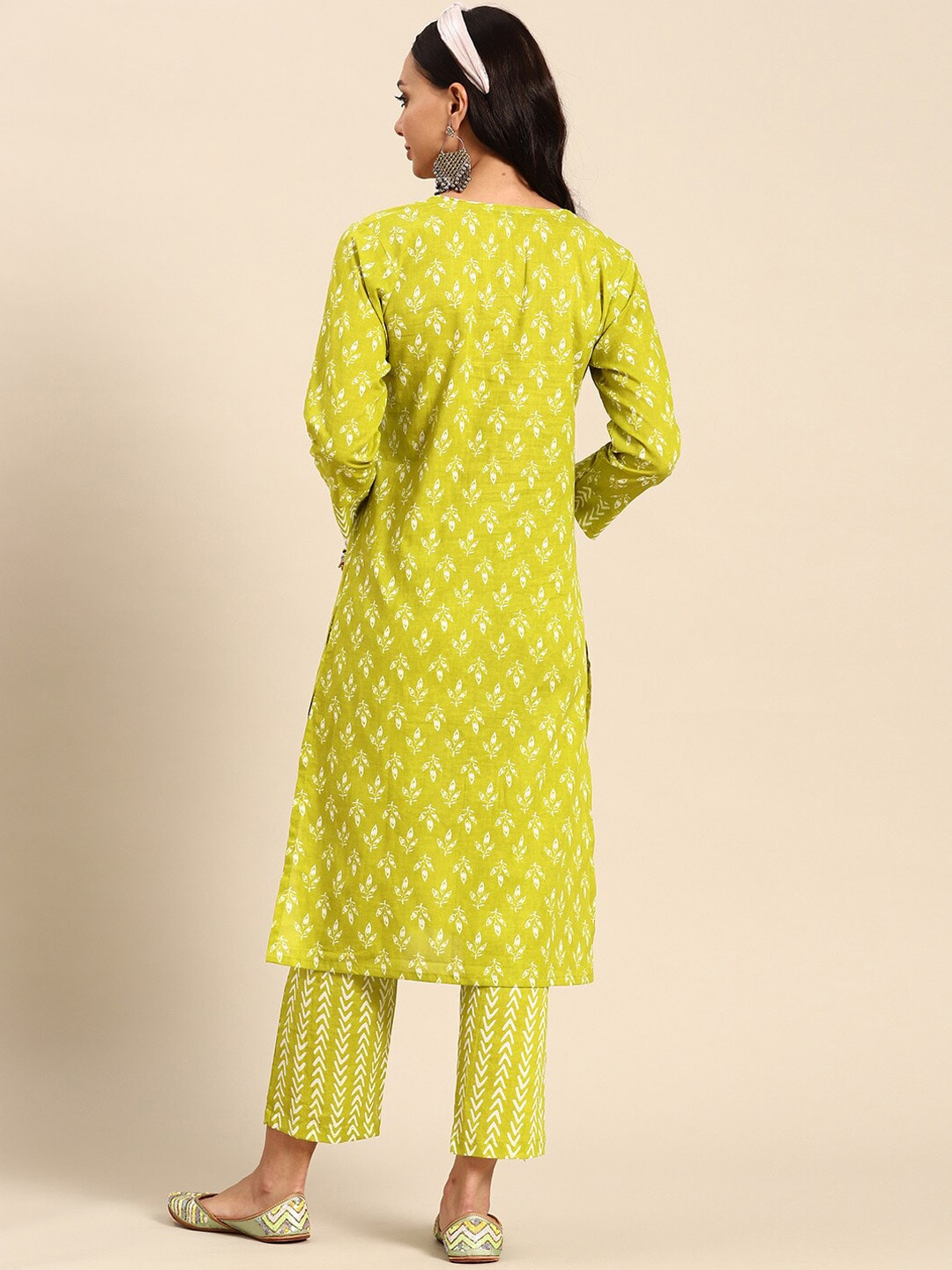 Sangria Green Ethnic Motifs Printed Pure Cotton V-Neck Straight Kurta With Trouser - Distacart