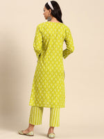 Thumbnail for Sangria Green Ethnic Motifs Printed Pure Cotton V-Neck Straight Kurta With Trouser - Distacart