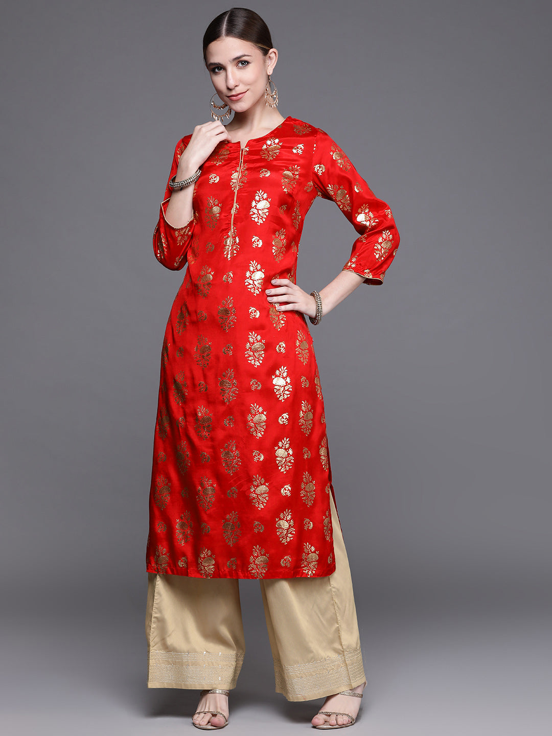 Biba Women Red Floral Foil Printed Kurta - Distacart