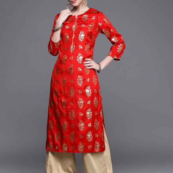Biba Women Red Floral Foil Printed Kurta - Distacart