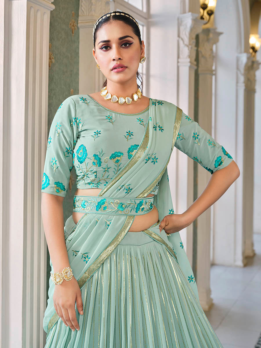 Myra Pista Green Georgette Embroidered Designer Lehenga - Distacart