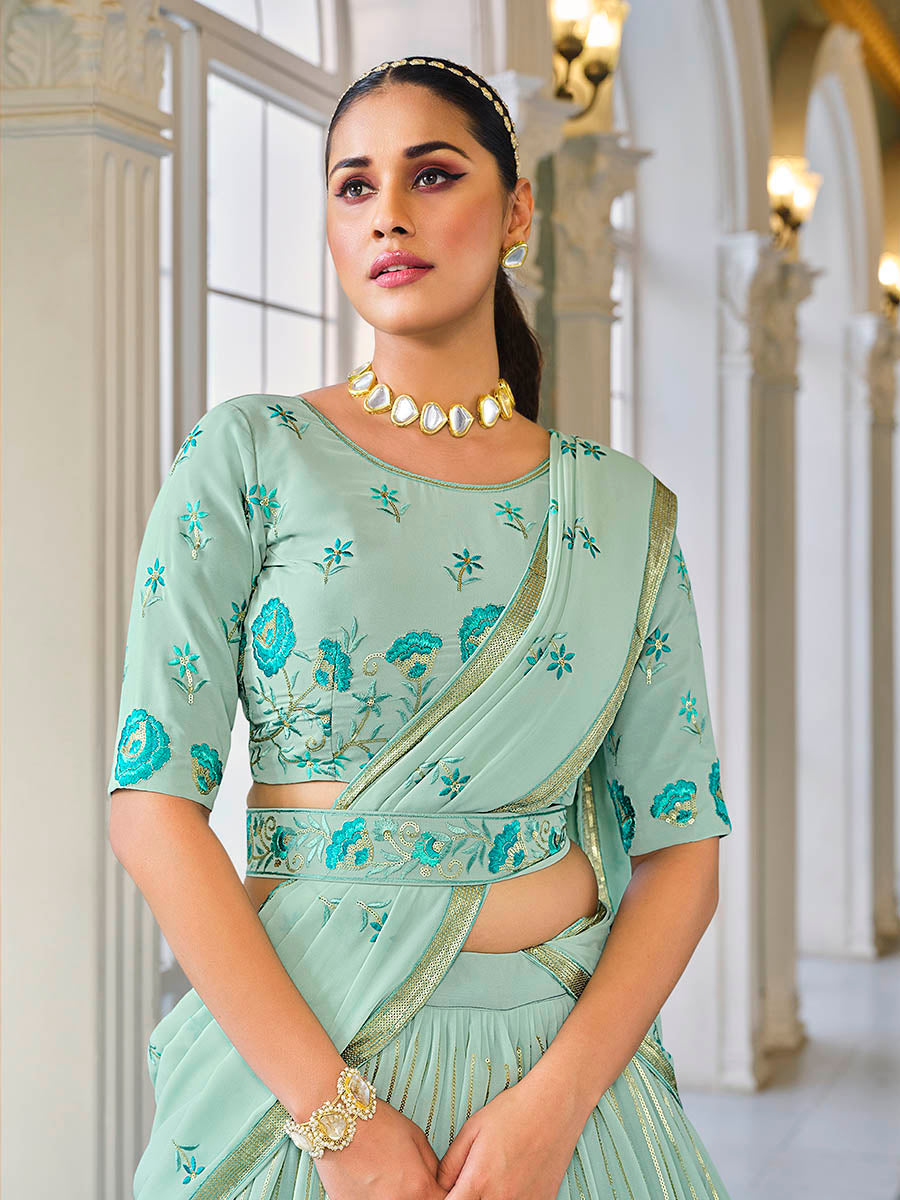 Myra Pista Green Georgette Embroidered Designer Lehenga - Distacart