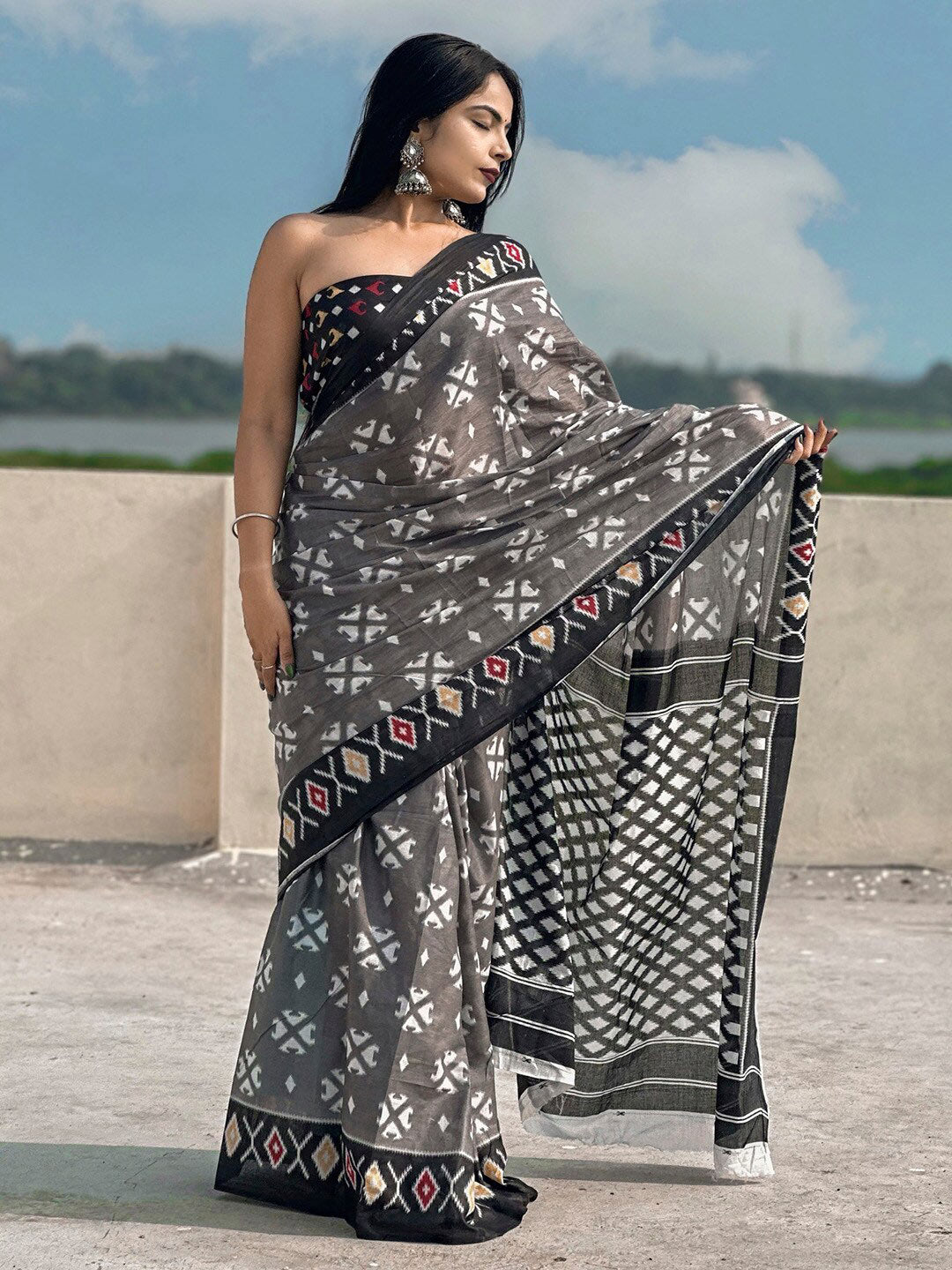 Kalini Ethnic Motifs Printed Pure Cotton Ikat Saree - Distacart