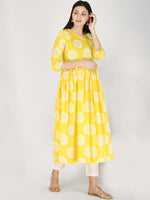 Thumbnail for Kalini Women Yellow & White Ethnic Motifs Printed Floral Anarkali Pure Cotton Kurta - Distacart