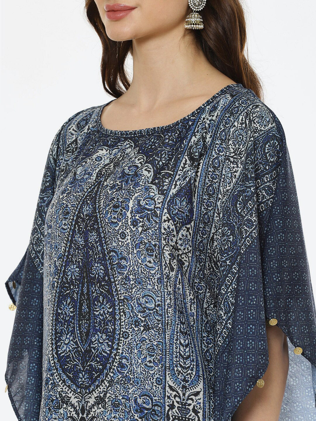 Biba Women Navy Blue Ethnic Motifs Printed Kaftan Kurta With Trousers - Distacart