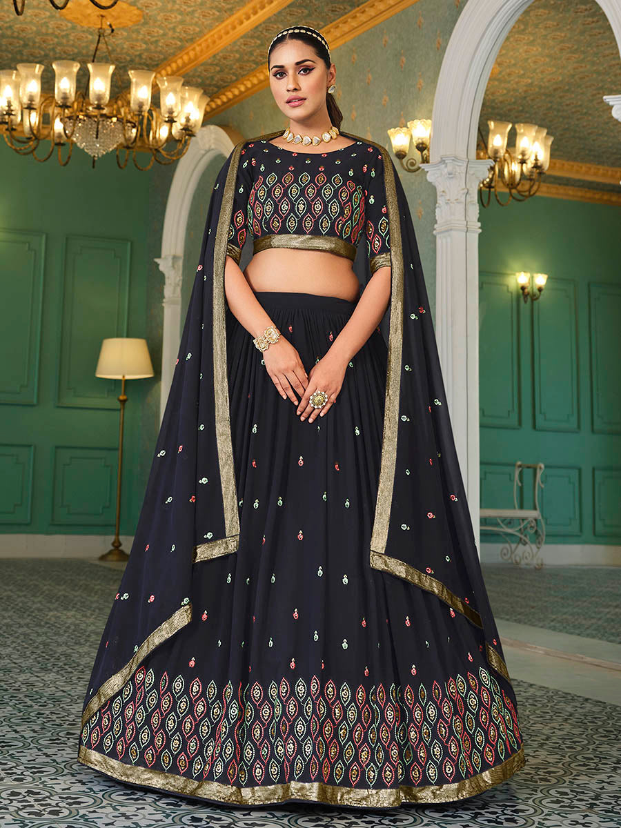 Myra Navy Blue Georgette Embroidered Designer Lehenga - Distacart